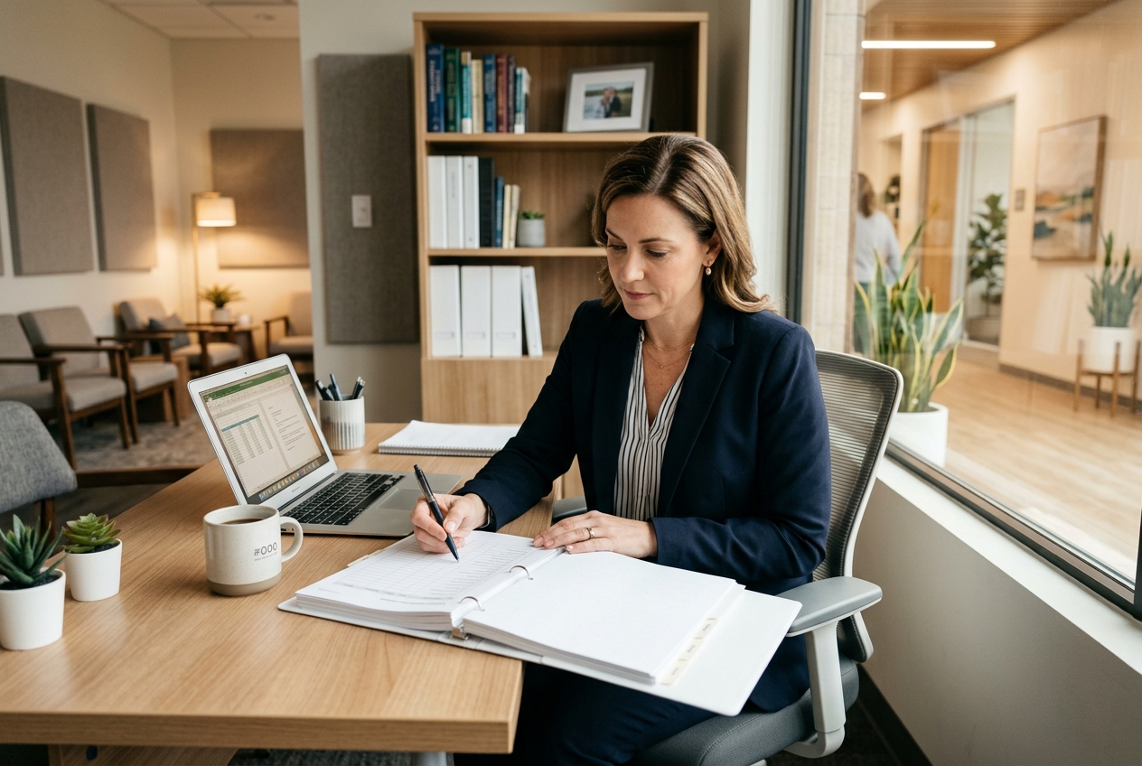 A behavioral health clinic administrator reviewing a compliance checklist binder at a clean, modern desk with a laptop, in warm natural lighting