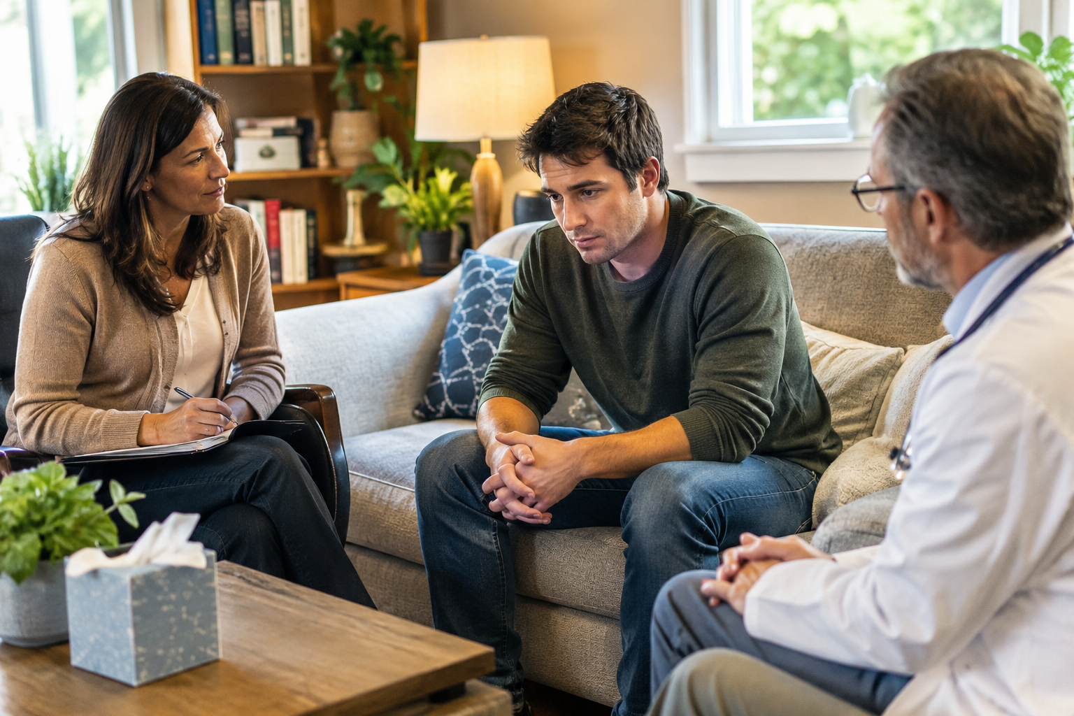 Three healthcare professionals, including a doctor, discussing patient safety in a clinical setting