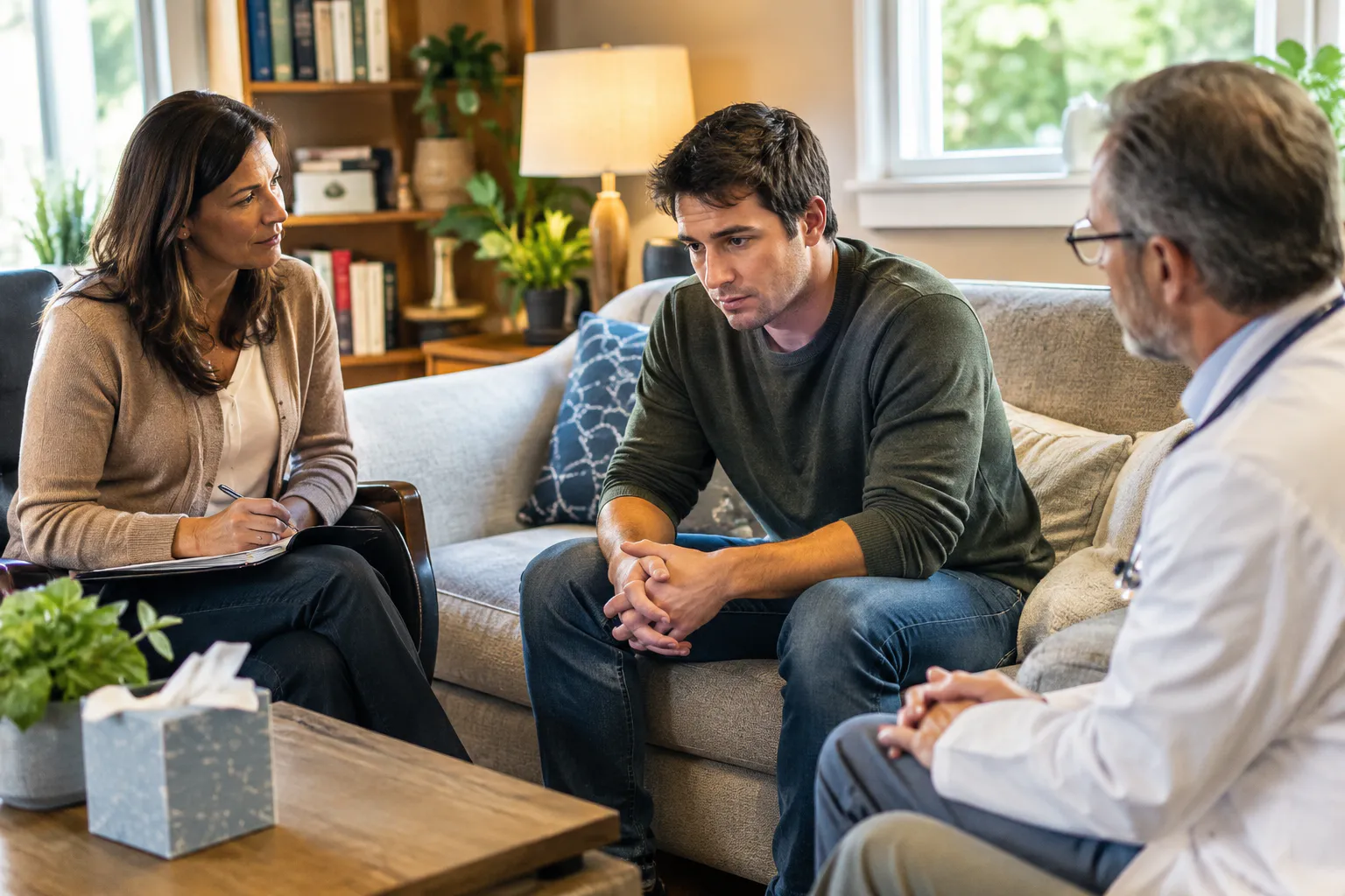 Three healthcare professionals, including a doctor, discussing patient safety in a clinical setting