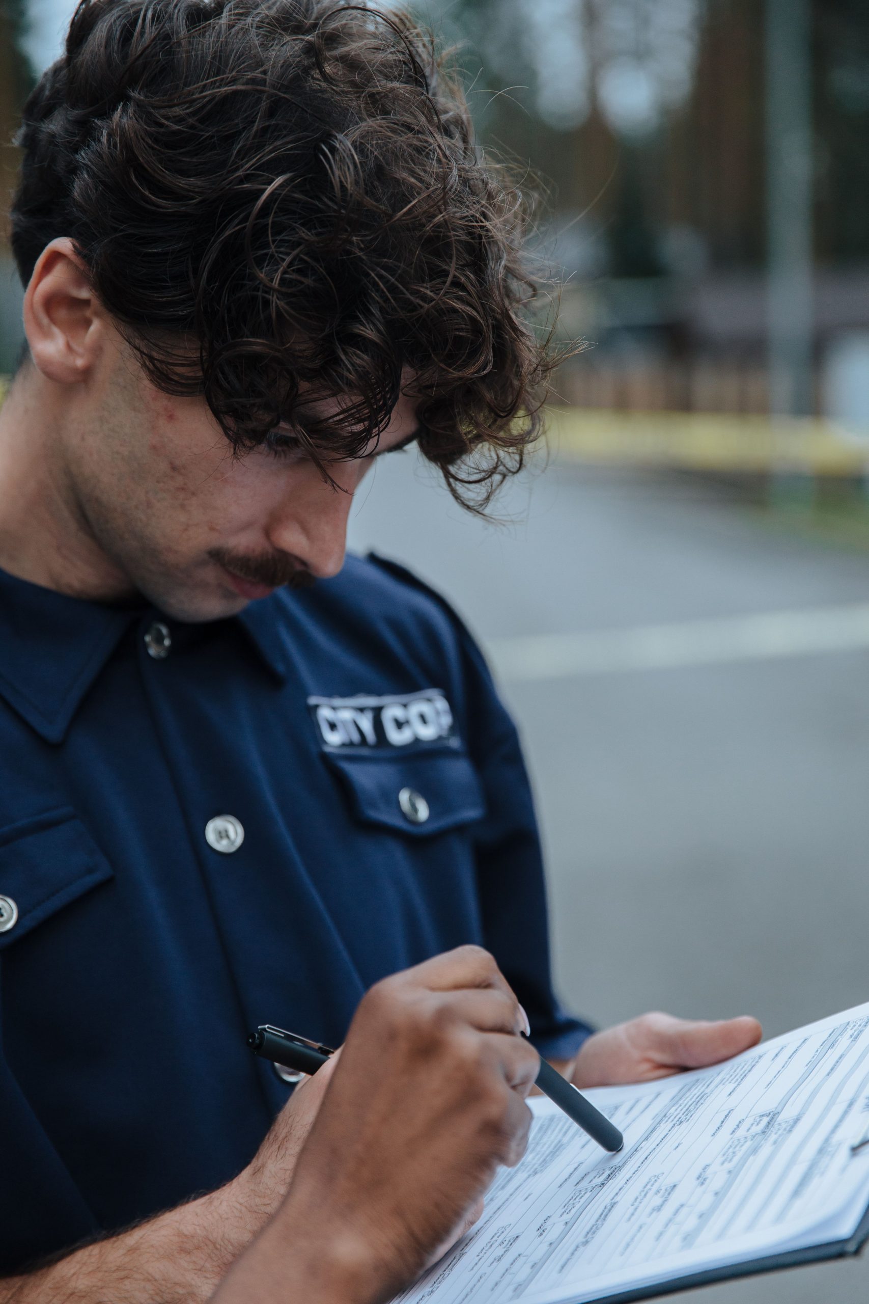 Police officer in uniform holding papers, examining a document such as a subpoena