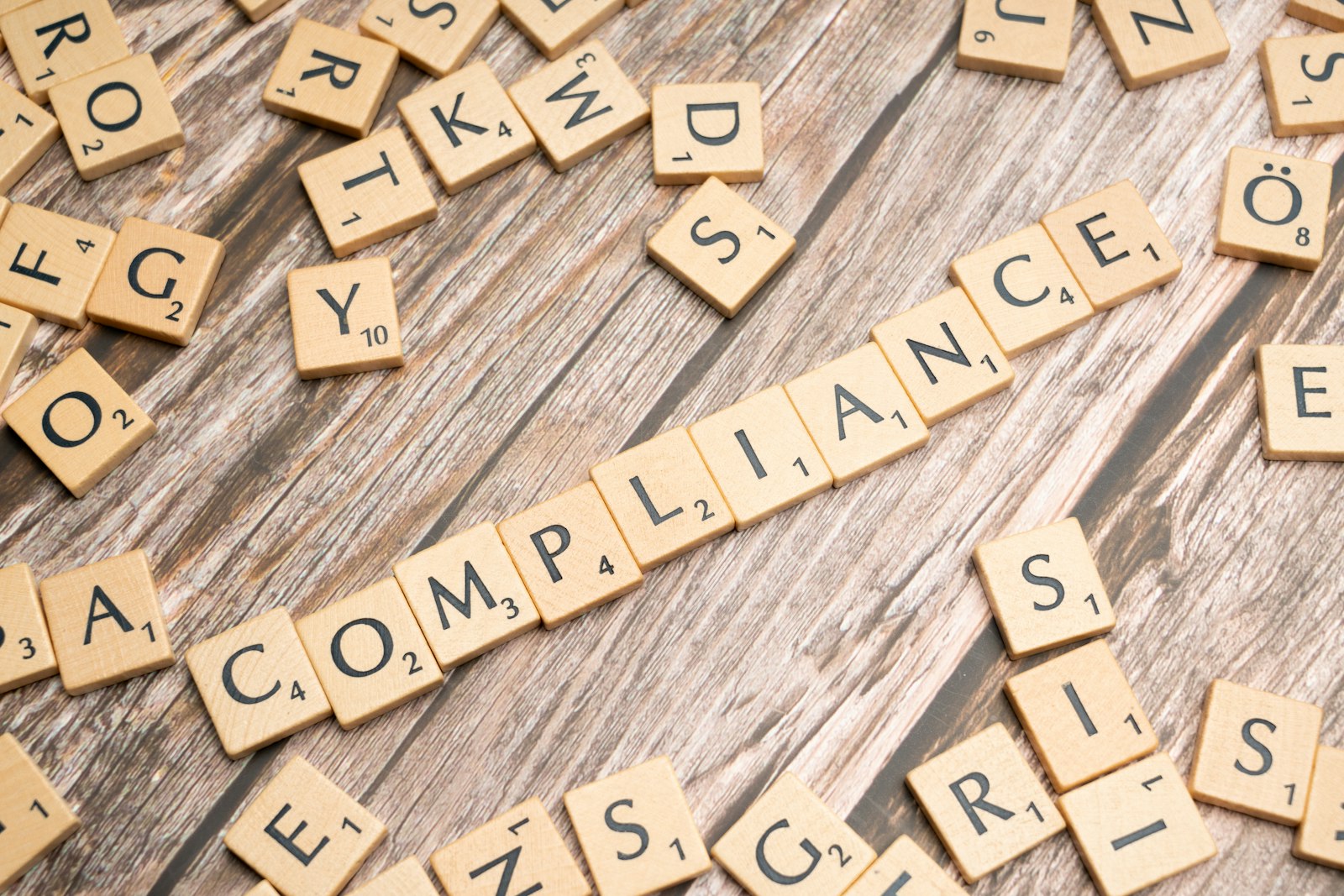 Wooden letter tiles spelling compliance on a table, representing privacy and regulatory compliance